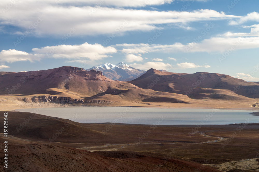 Lago Morejon with Volcano Uturuncu in the background at the altiplano in Bolivia