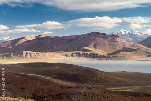 Lago Morejon lake with Volcano Uturuncu in the background at the altiplano in Bolivia