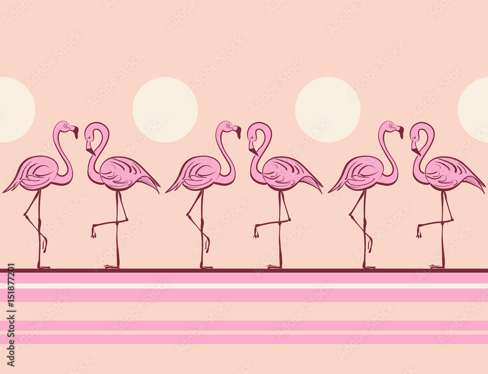 Pink flamingos. Tropical print. Pop art style. Vector pattern. Border.