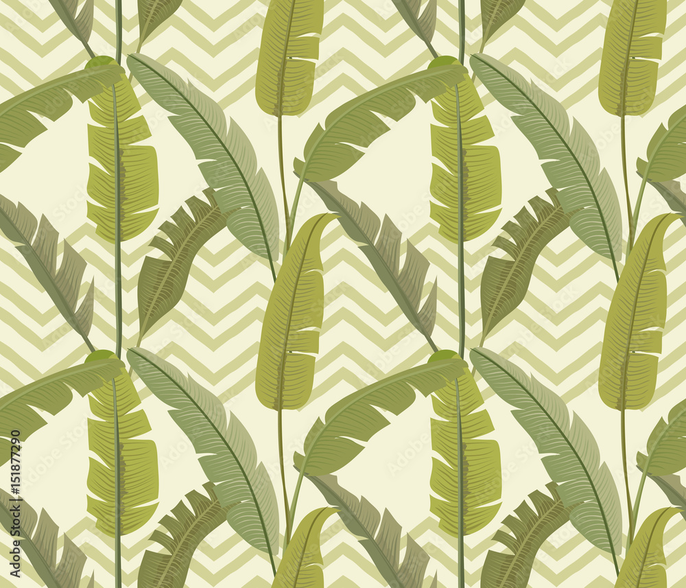 Naklejka premium Banana leaves. Tropical print. Exotic seamless pattern. Zigzag background. Vector wallpaper.