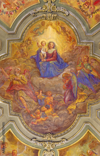 TURIN, ITALY - MARCH 14, 2017: The ceiling fresco of Madonna among the angels in church Chiesa di San Francesco Giovanni Andrea Casella (1619 - 1856).