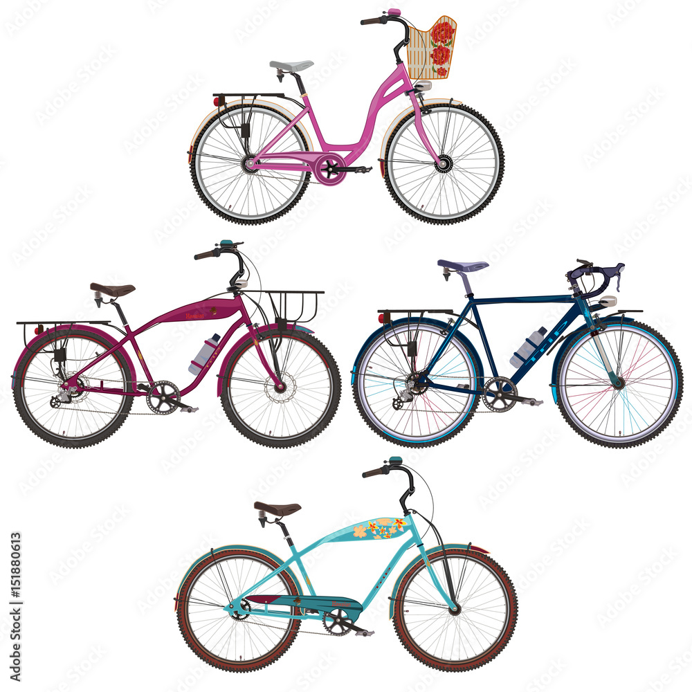 Fototapeta premium Vector set of city bikes in flat style.