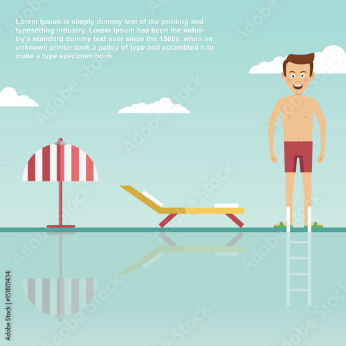 Young man is ready to jump into modern swimming pool with deck chair and umbrella