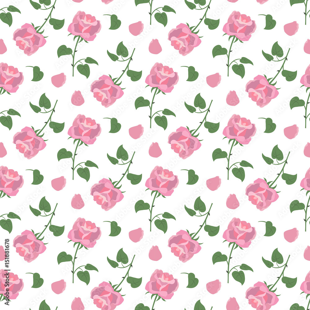 Seamless pattern with roses on the white background.