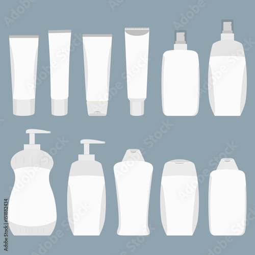 Flat cosmetic bottle mock up set isolated pack on grey background. Cosmetic brand template. Shampoo and dental care package set.