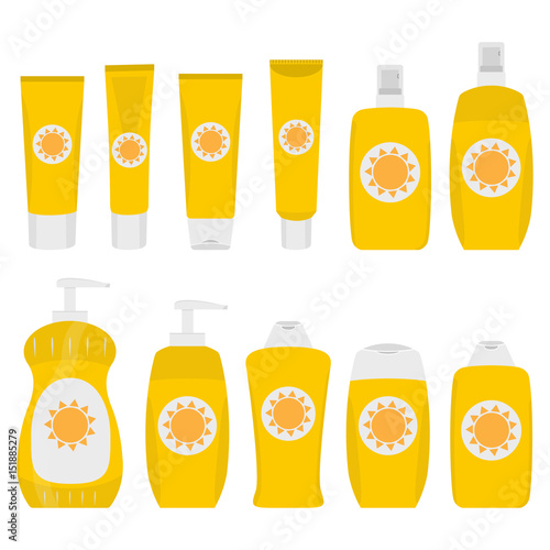 Bottles and tubes of sunscreen cream with lid, spray and dispenser. Skin care and protection. Sunscreen protection sun care cosmetics containers orange set. Vector illustration