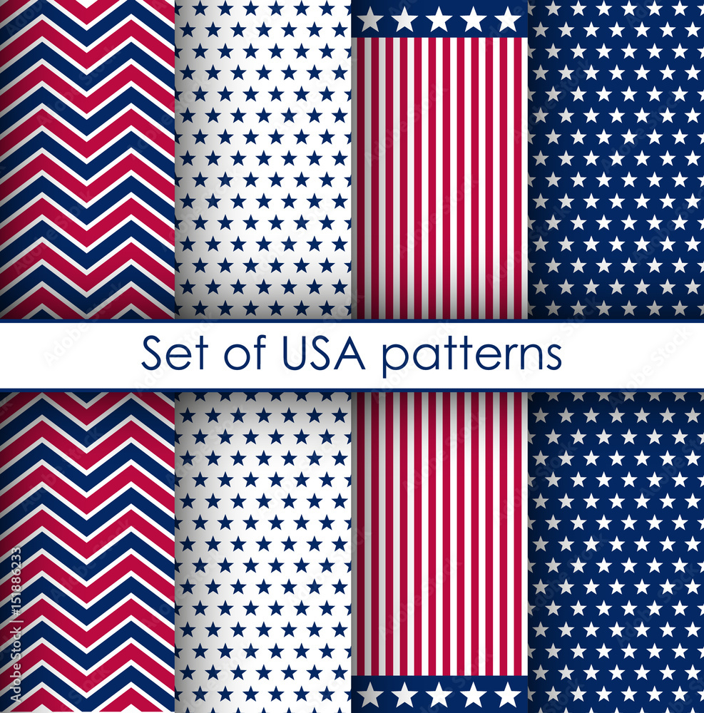 Set of stars and stripes seamless patterns. USA Independence day and Memorial Day festive vector repeatable textures based on american flag.