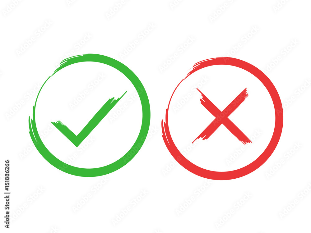 Tick and cross brush signs. Green checkmark OK and red X icons, isolated on white background. Simple marks graphic design. Symbols YES and NO button for vote, decision, web. Vector illustration Tick and cross brush signs. Green checkmark OK and red X icons, isolated on white background. Simple marks graphic design. Symbols YES and NO button for vote, decision, web. Vector illustration