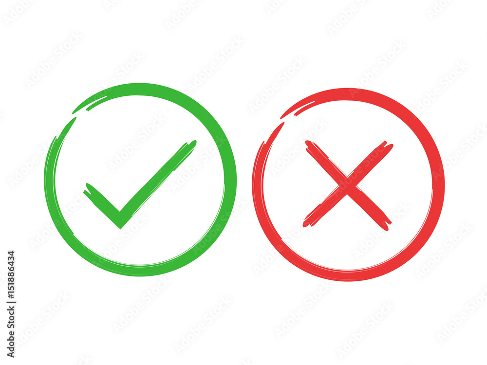 Tick and cross brush signs. Green checkmark OK and red X icons, isolated on white background. Simple marks graphic design. Symbols YES and NO button for vote, decision, web. Vector illustration Tick and cross brush signs. Green checkmark OK and red X icons, isolated on white background. Simple marks graphic design. Symbols YES and NO button for vote, decision, web. Vector illustration
