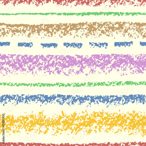 Seamless pattern with colorful wax crayon isolated strokes on beige. Hand drawn pastel chalk stripes background. Vector like kids hand painting texture. 