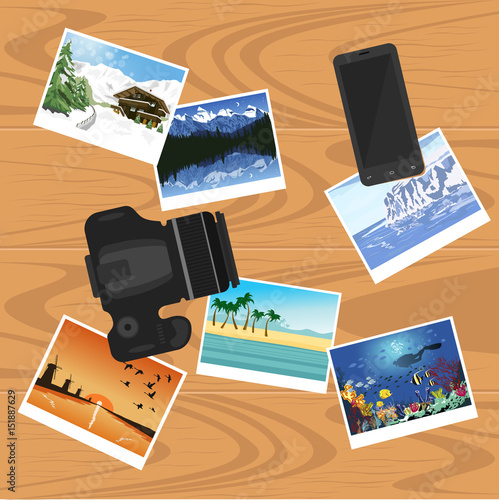 photocamera, smartphone and photographs on table, flat style banner, travel and vacation concept
