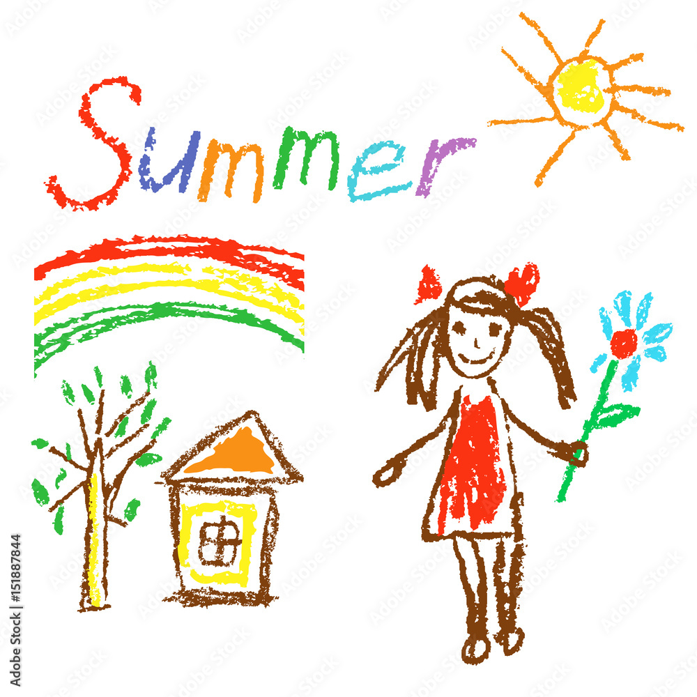Wax crayon like kid`s drawn summer background with house, tree, girl, flower, rainbow. Like child`s drawn colorful pastel chalk vector design elements with font. Set of like kid`s painting objects.