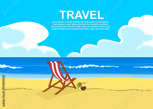 Deck chair on tropical beach with coconut cocktail