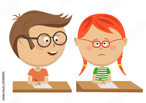 Little boy copying his classmate girl on exam
