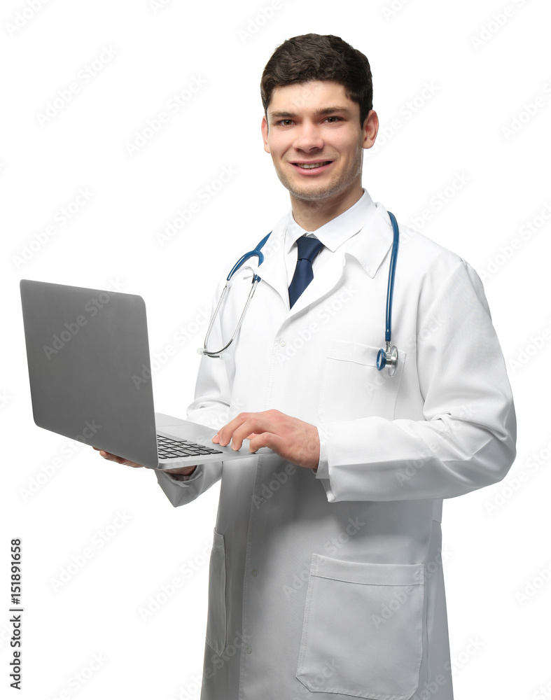 Handsome young doctor with laptop on white background Handsome young doctor with laptop on white background