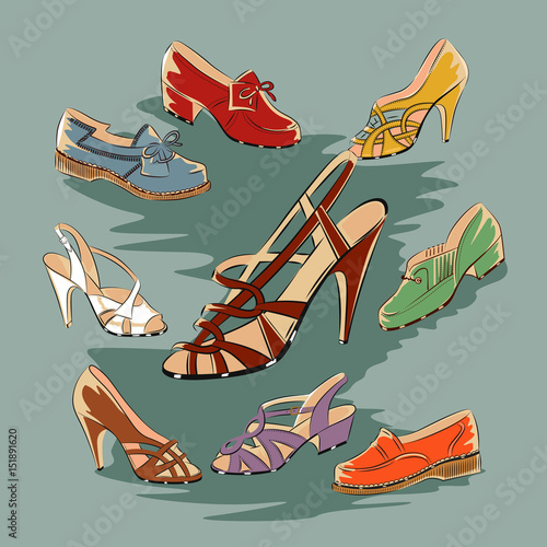 Set of retro vintage female shoes over blue background