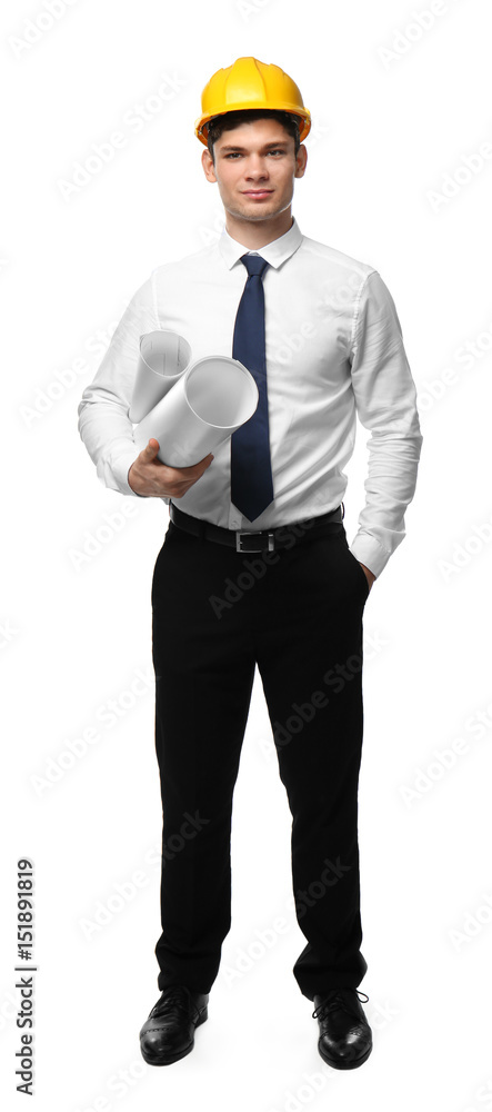 Young engineer holding blueprints on white background Young engineer holding blueprints on white background