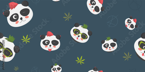Underground culture seamless pattern: panda bear faces with alternative culture hairstyles, anarchy symbol and marijuana or weed leaf. Great as textile or fabric print, cover or wrapping template.