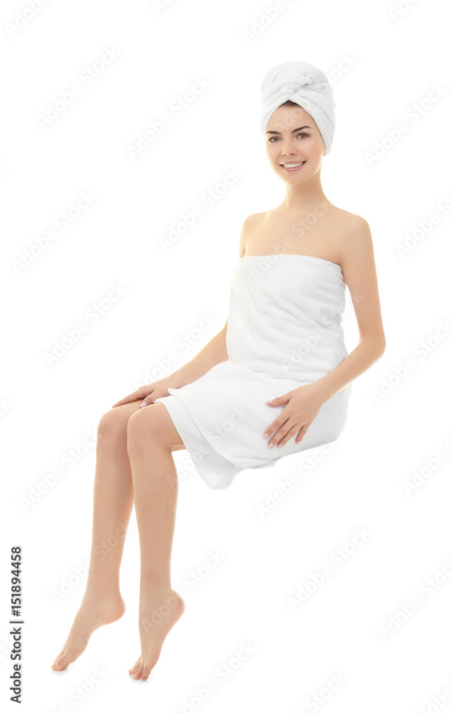 Beautiful young woman after shower on white background Beautiful young woman after shower on white background