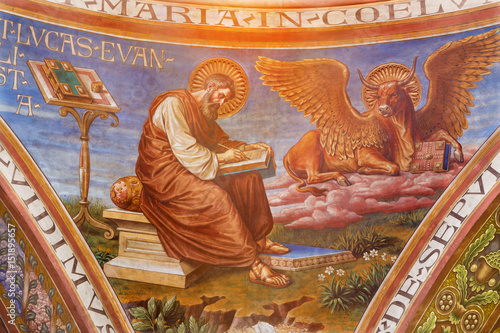 BERLIN, GERMANY, FEBRUARY - 15, 2017: The fresco of St. Luke the Evangelist in cupola of Rosenkranz Basilica by Friedrich Stummels, Karl Wenzel, and Theodor Nuttgens from begin of 20. cent.