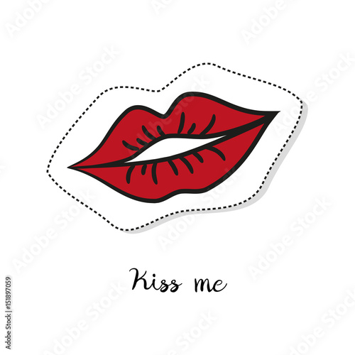 Cartoon sticker with red lips on white background.