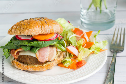 Homemade hamburger with vegetables and beef
