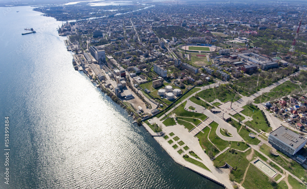 Fototapeta premium Aerial shot of the Dnipro quay with splendid riverscape and cityscape