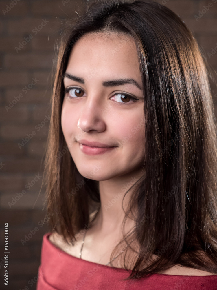 Cheerful slender girl stands and smiles in a red brick studio Cheerful slender girl stands and smiles in a red brick studio