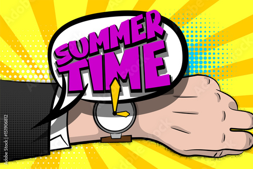 Exclusive font, comic book text lettering. Bright colored phrase SUMMER TIME speech bubble. Seasonal vector illustration. Businessman, man in suit shows vintage retro hand watch. Pop art cartoon style