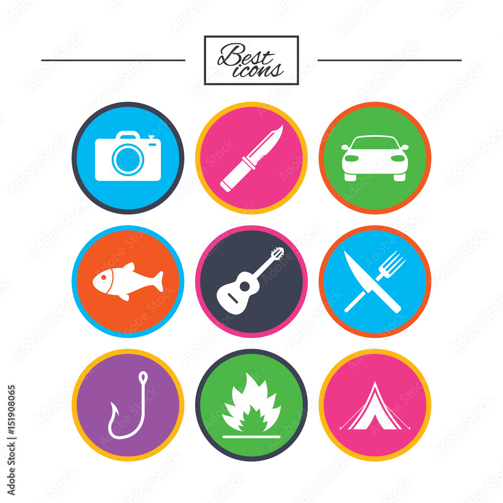 Camping travel icons. Fishing, tourist tent. Camping travel icons. Fishing, tourist tent.
