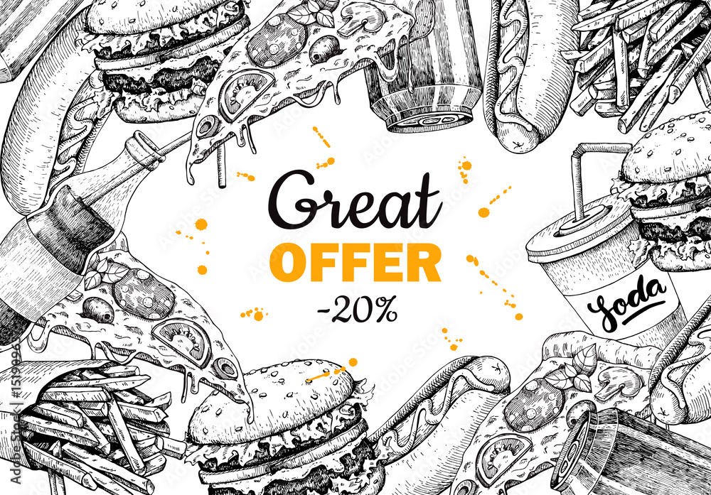 Vector vintage fast food special offer. Hand drawn junk food ...