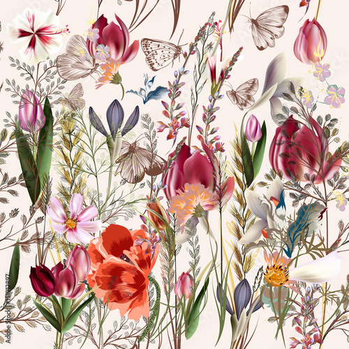 Flower vector pattern with accorted plants. Vintage provance style