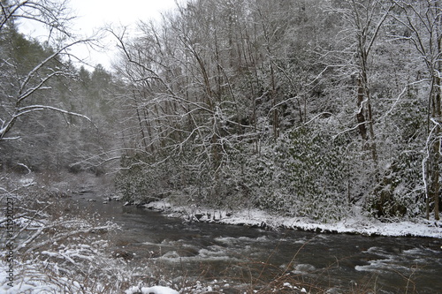 snowy mountainside with river