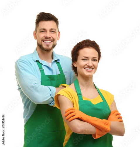 Couple in aprons and gloves...