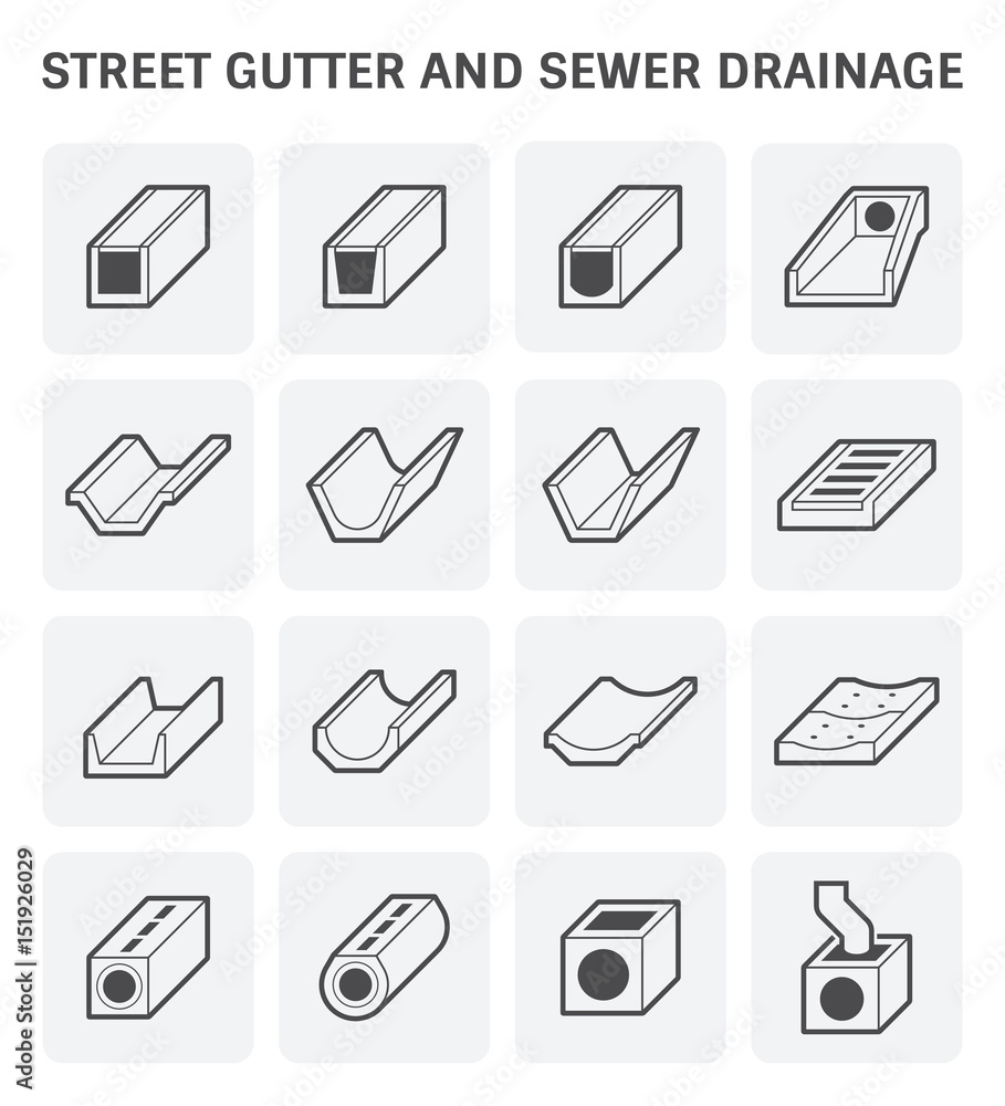 Street gutter, drainage system vector icon consist of grate cover, precast concrete i.e. sewer pipe, trench, ditch, channel and manhole for access cleaning, drain rainwater, stormwater from road, city