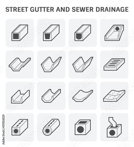 Street gutter, drainage system vector icon consist of grate cover, precast concrete i.e. sewer pipe, trench, ditch, channel and manhole for access cleaning, drain rainwater, stormwater from road, city