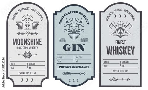 Set of intage bottle label design with ethnic elements in thin line style.