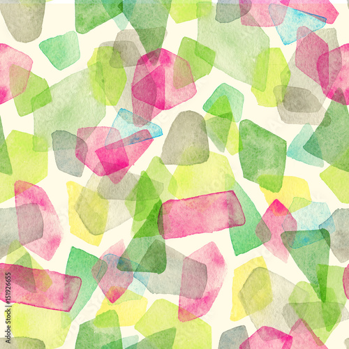 Seamless watercolor pattern with overlapped colorful dots - red, green, grey tints.