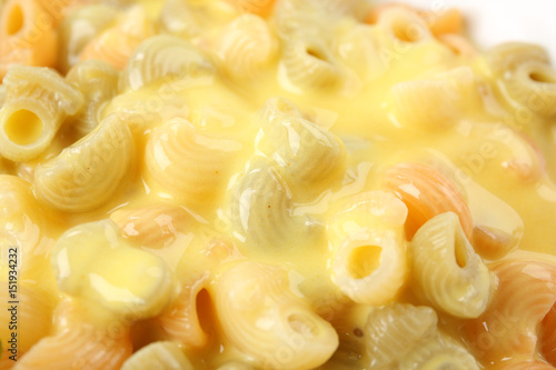 Tasty pasta with cheese sauce, closeup