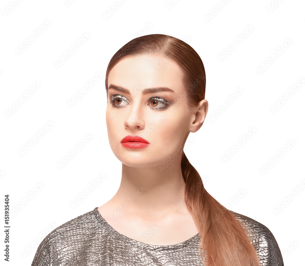 Beautiful young woman with holiday make up on white background Beautiful young woman with holiday make up on white background