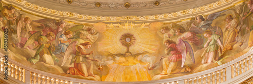 TURIN, ITALY - MARCH 15, 2017: The fresco of Eucharistic adoration of angels in cupola of church Basilica Maria Ausiliatrice by Giuseppe Rollini (1889 - 1891).