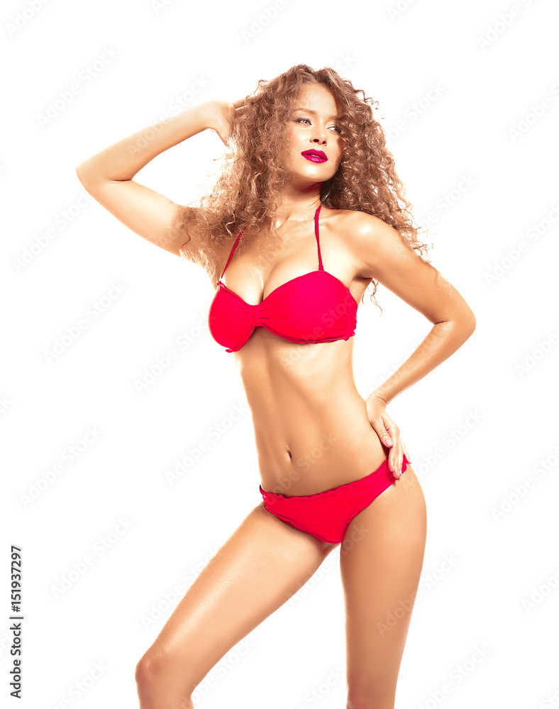 Beautiful young woman in bikini on white background Beautiful young woman in bikini on white background