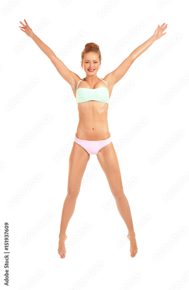 Beautiful young woman in swimsuit on white background Beautiful young woman in swimsuit on white background