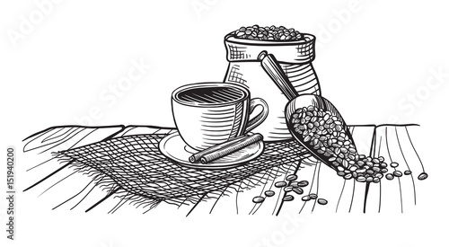 Coffee cup and coffee beans on wood table in graphic style hand-drawn vector illustration.
