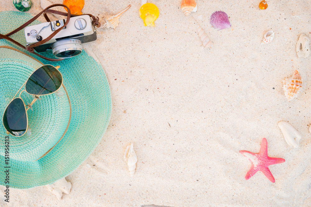 beach accessories on sandy - summer background - obrazy, fototapety, plakaty 