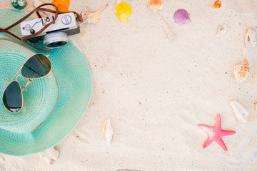 beach accessories on sandy - summer background