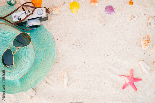 beach accessories on sandy - summer background