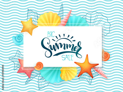 vector hand lettering summer sale banner surrounded with detailed flat and doodle seashells on wave background