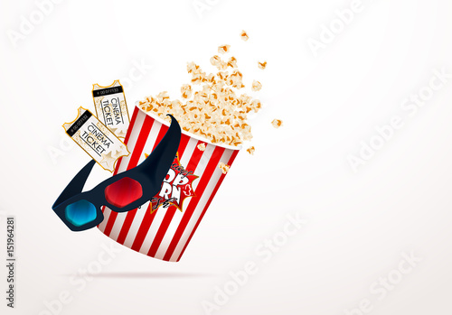 Set of popcorn, 3d glasses, cinema ticket. Drawn vector illustration, realistic cinematography design, vintage colorful background, art for online cinema, movie, film, theater,..