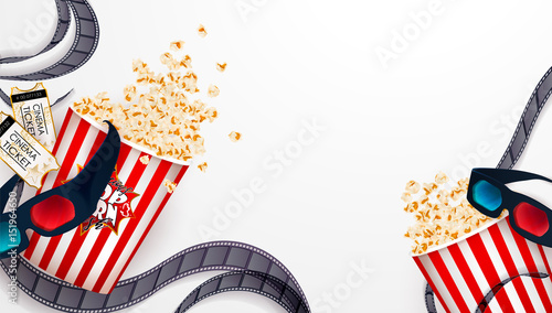 Set of popcorn, 3d glasses, cinema ticket. Drawn vector illustration, realistic cinematography design, vintage colorful background, art for online cinema, movie, film, theater,..